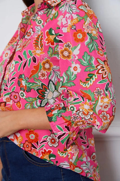 Floral Button Up Flounce Sleeve Shirt - VILLA FASHION