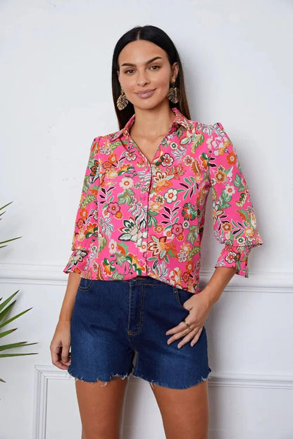 Floral Button Up Flounce Sleeve Shirt - VILLA FASHION