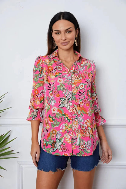 Floral Button Up Flounce Sleeve Shirt - VILLA FASHION