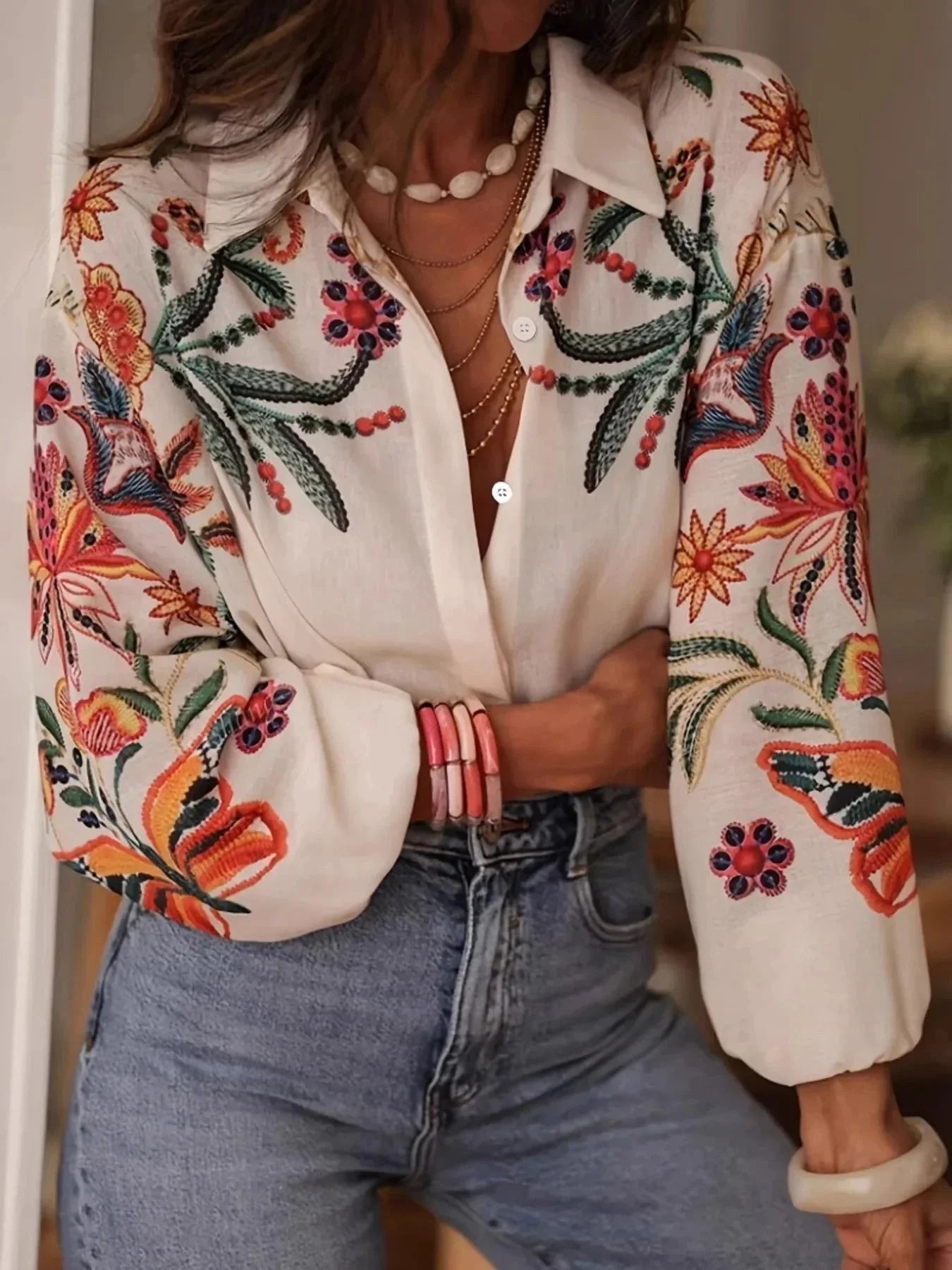 Floral Button Up Long Sleeve Shirt - VILLA FASHION