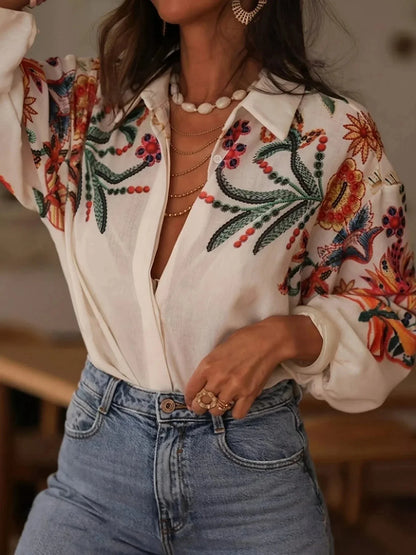 Floral Button Up Long Sleeve Shirt - VILLA FASHION