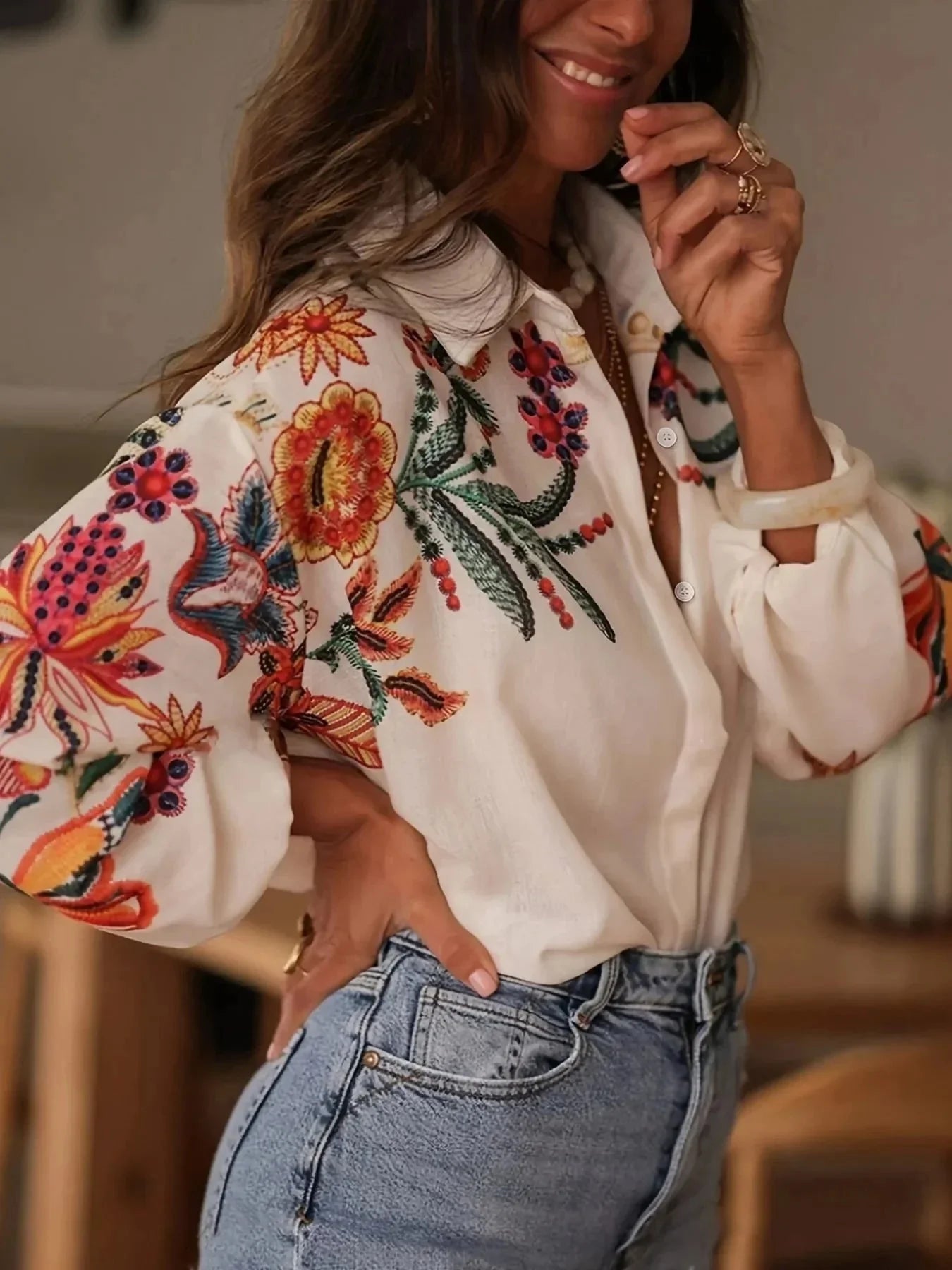 Floral Button Up Long Sleeve Shirt - VILLA FASHION