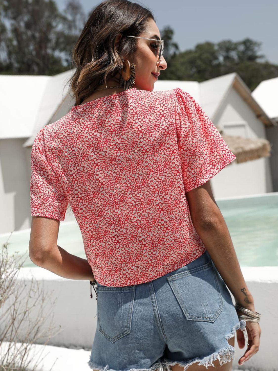 Floral Drawstring Deep V Cropped Blouse - VILLA FASHION