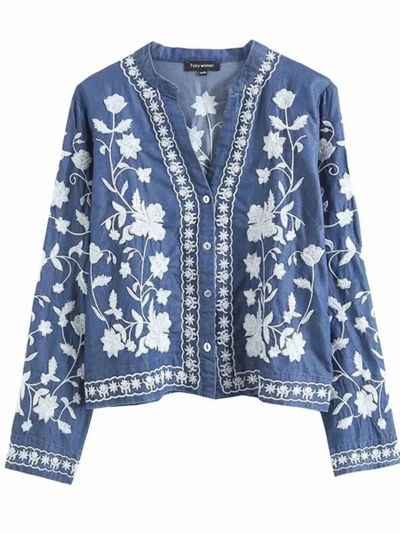 Floral Embroidered Button Up Denim Shirt - VILLA FASHION