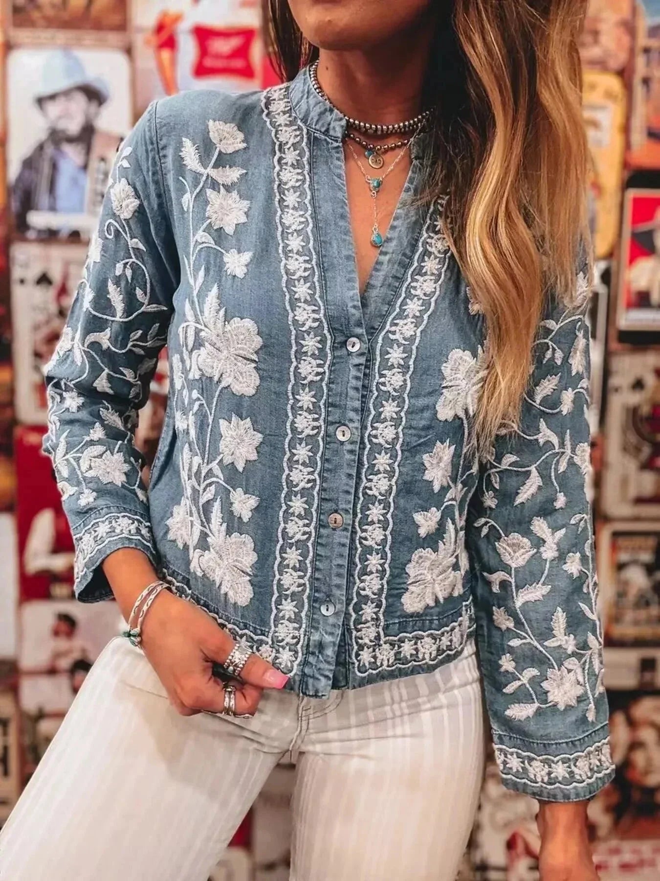 Floral Embroidered Button Up Denim Shirt - VILLA FASHION
