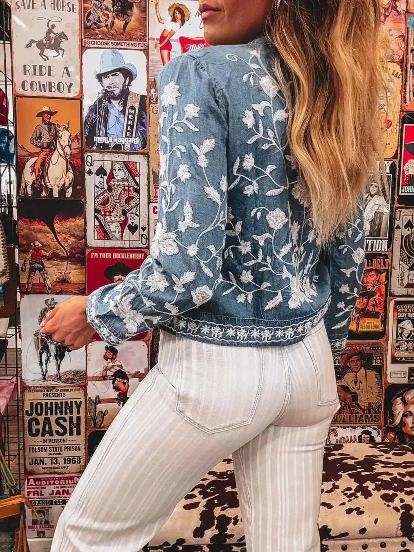 Floral Embroidered Button Up Denim Shirt - VILLA FASHION