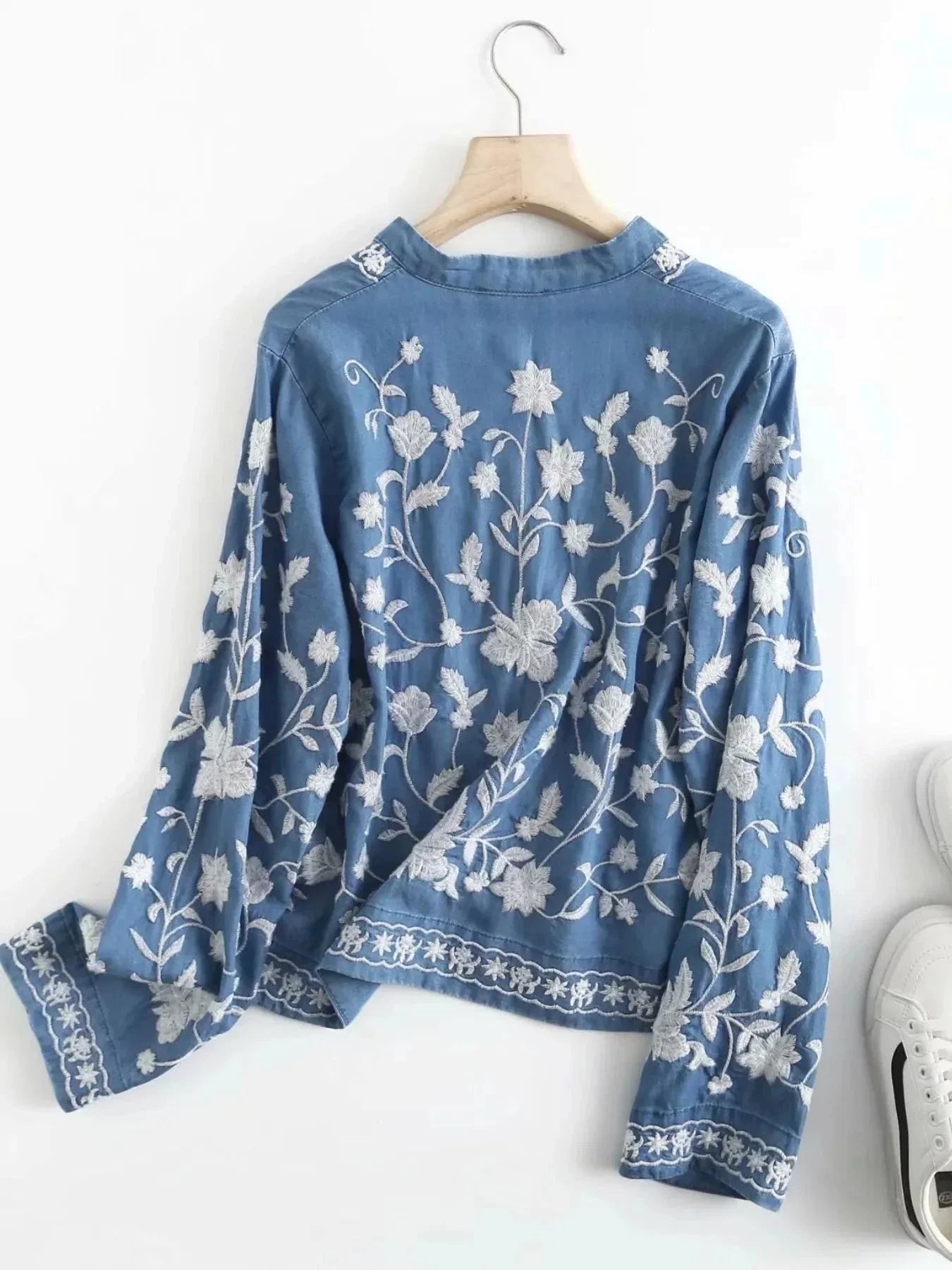 Floral Embroidered Button Up Denim Shirt - VILLA FASHION