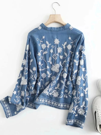 Floral Embroidered Button Up Denim Shirt - VILLA FASHION