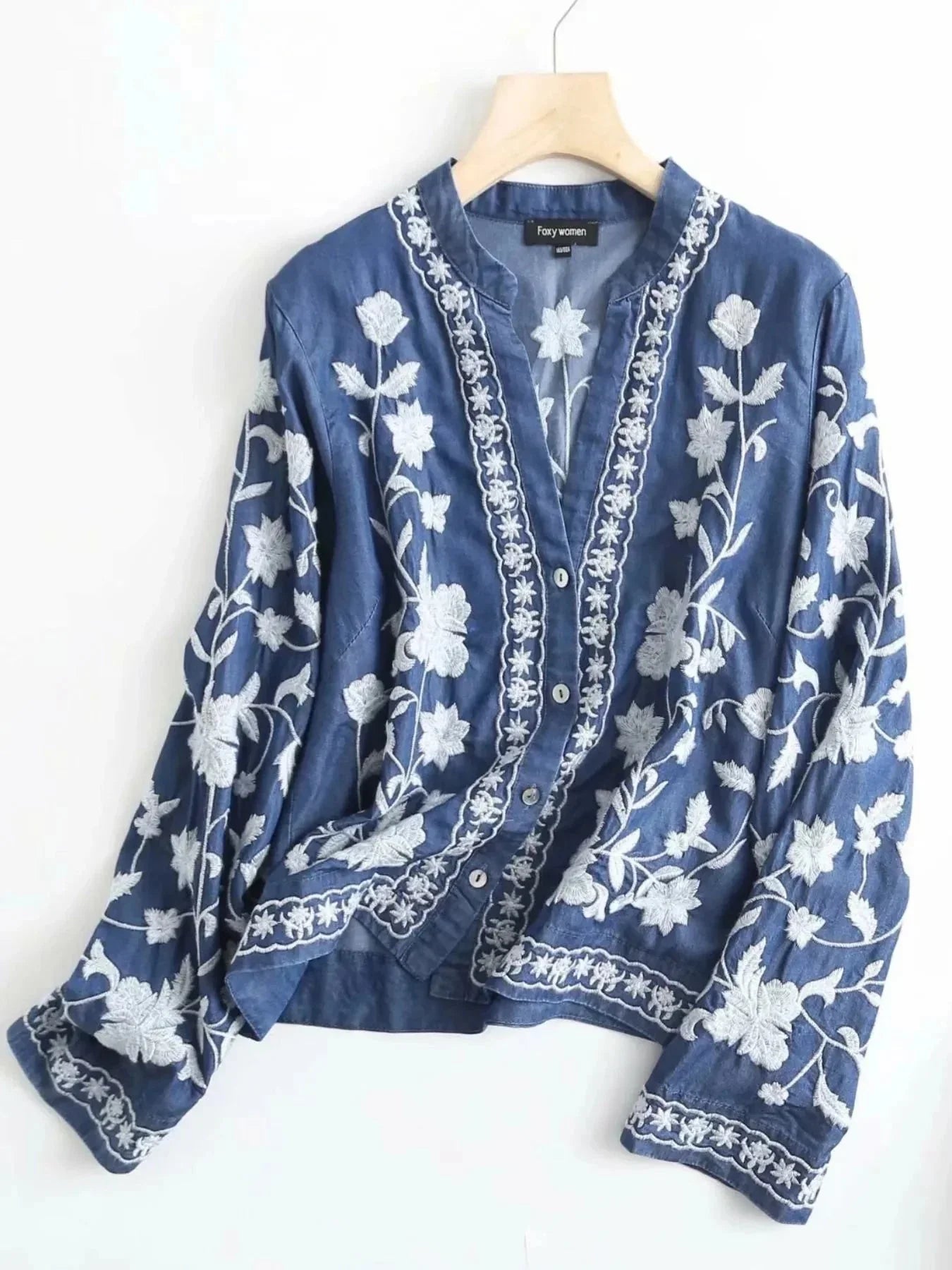 Floral Embroidered Button Up Denim Shirt - VILLA FASHION