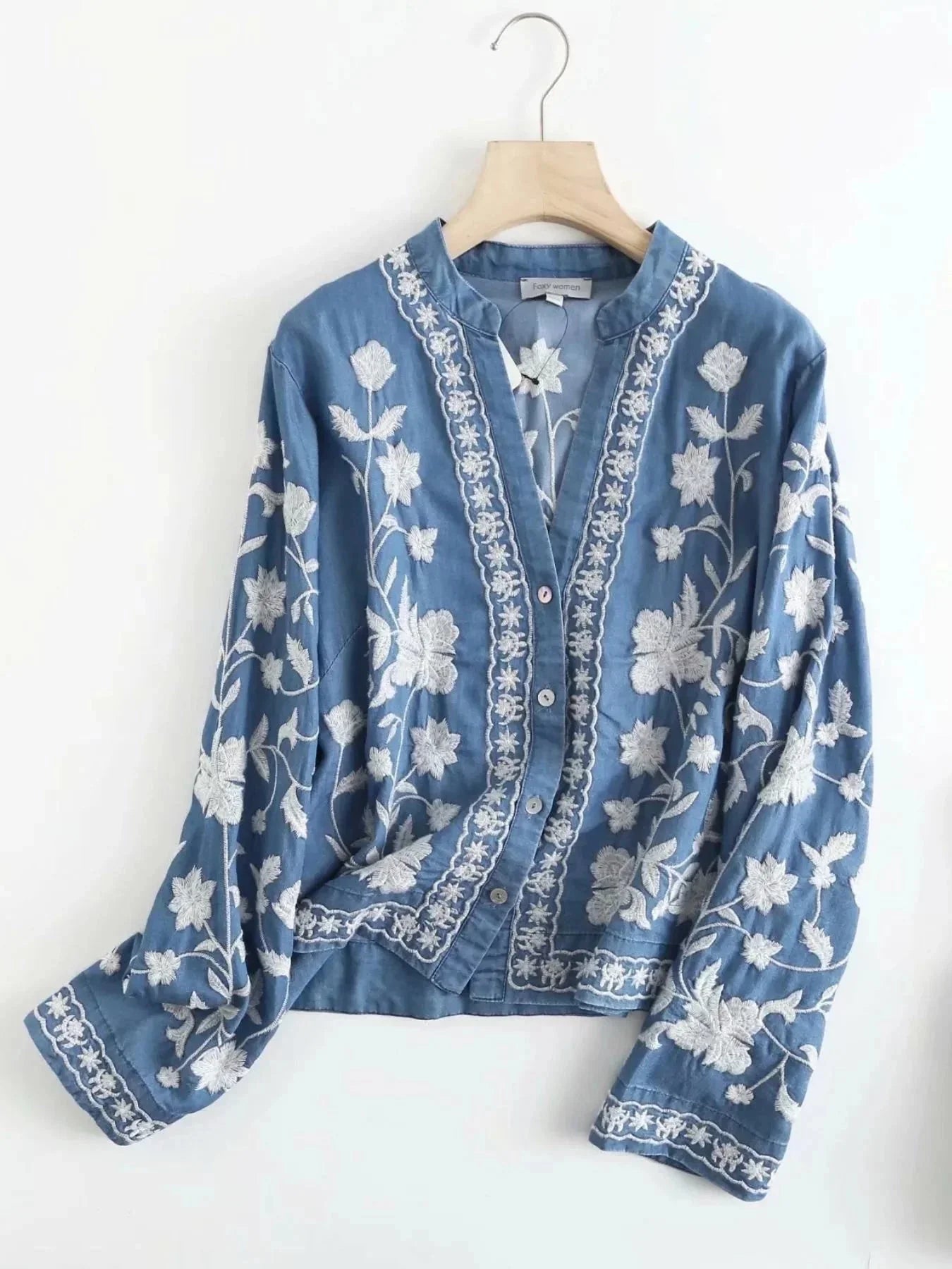 Floral Embroidered Button Up Denim Shirt - VILLA FASHION