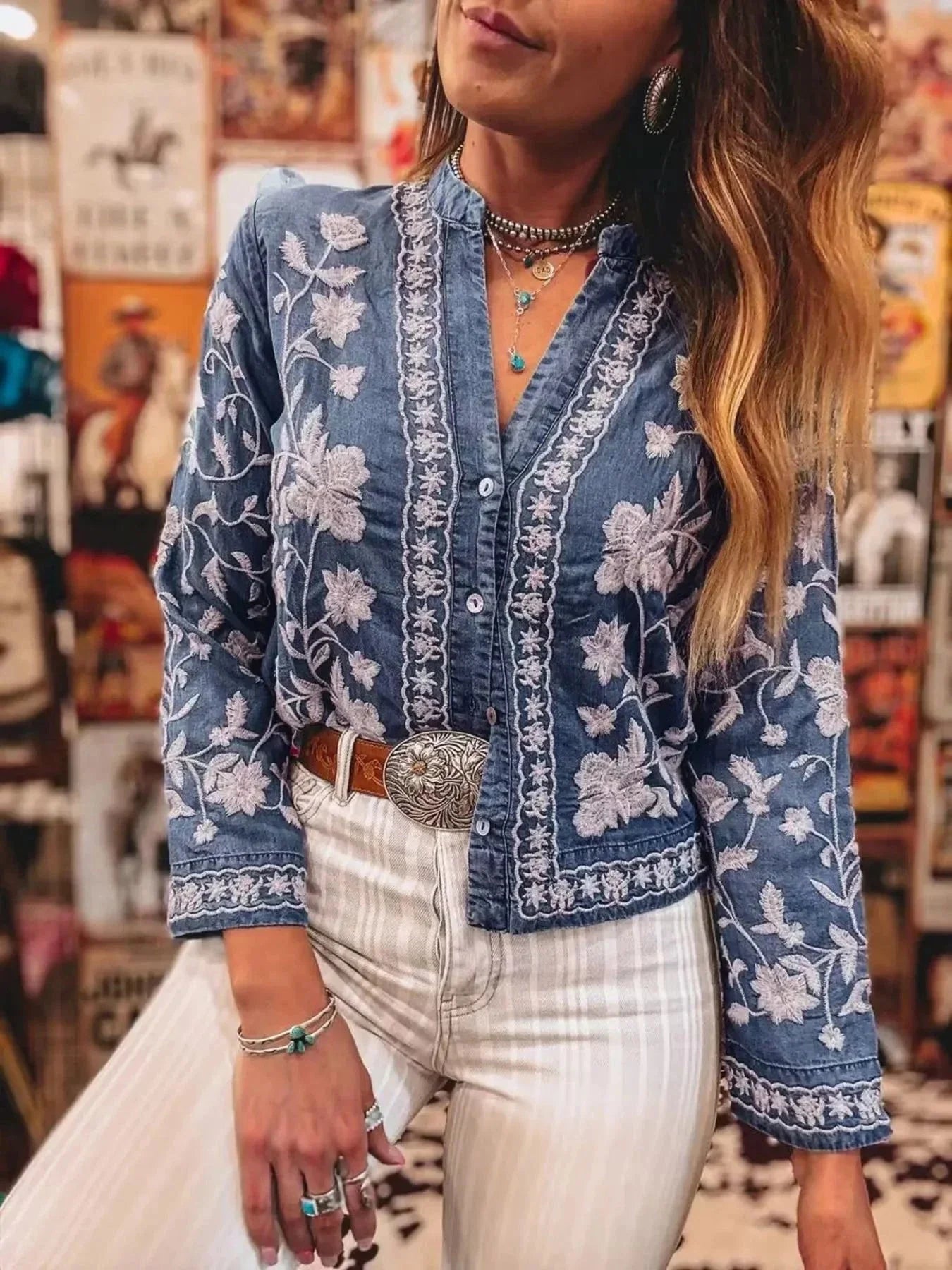 Floral Embroidered Button Up Denim Shirt - VILLA FASHION