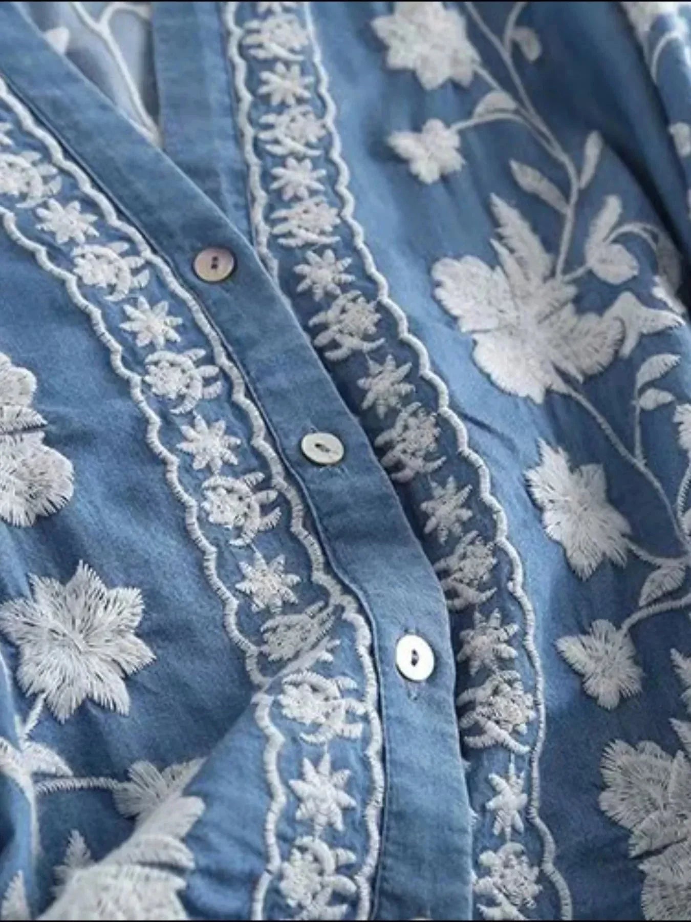 Floral Embroidered Button Up Denim Shirt - VILLA FASHION