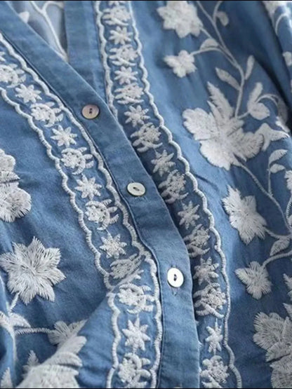 Floral Embroidered Button Up Denim Shirt - VILLA FASHION
