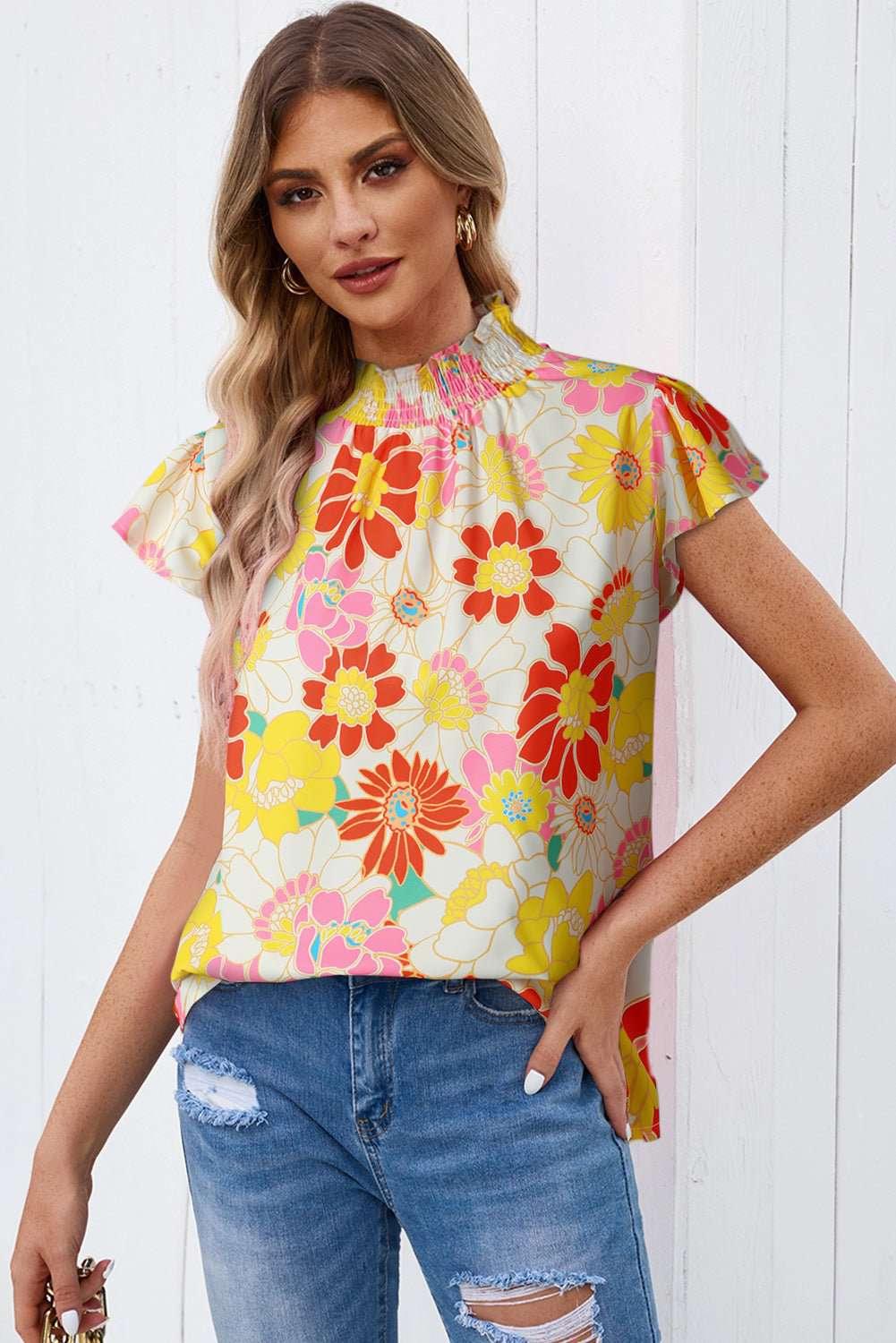 Floral Frill Neck Smocked Flutter Sleeve Blouse - VILLA FASHION