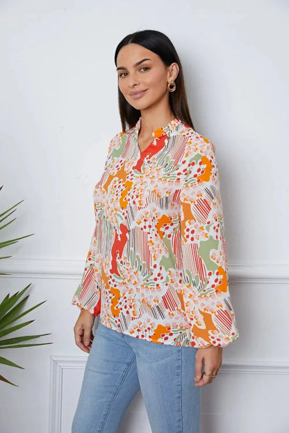 Floral Frill Notched Long Sleeve Blouse - VILLA FASHION