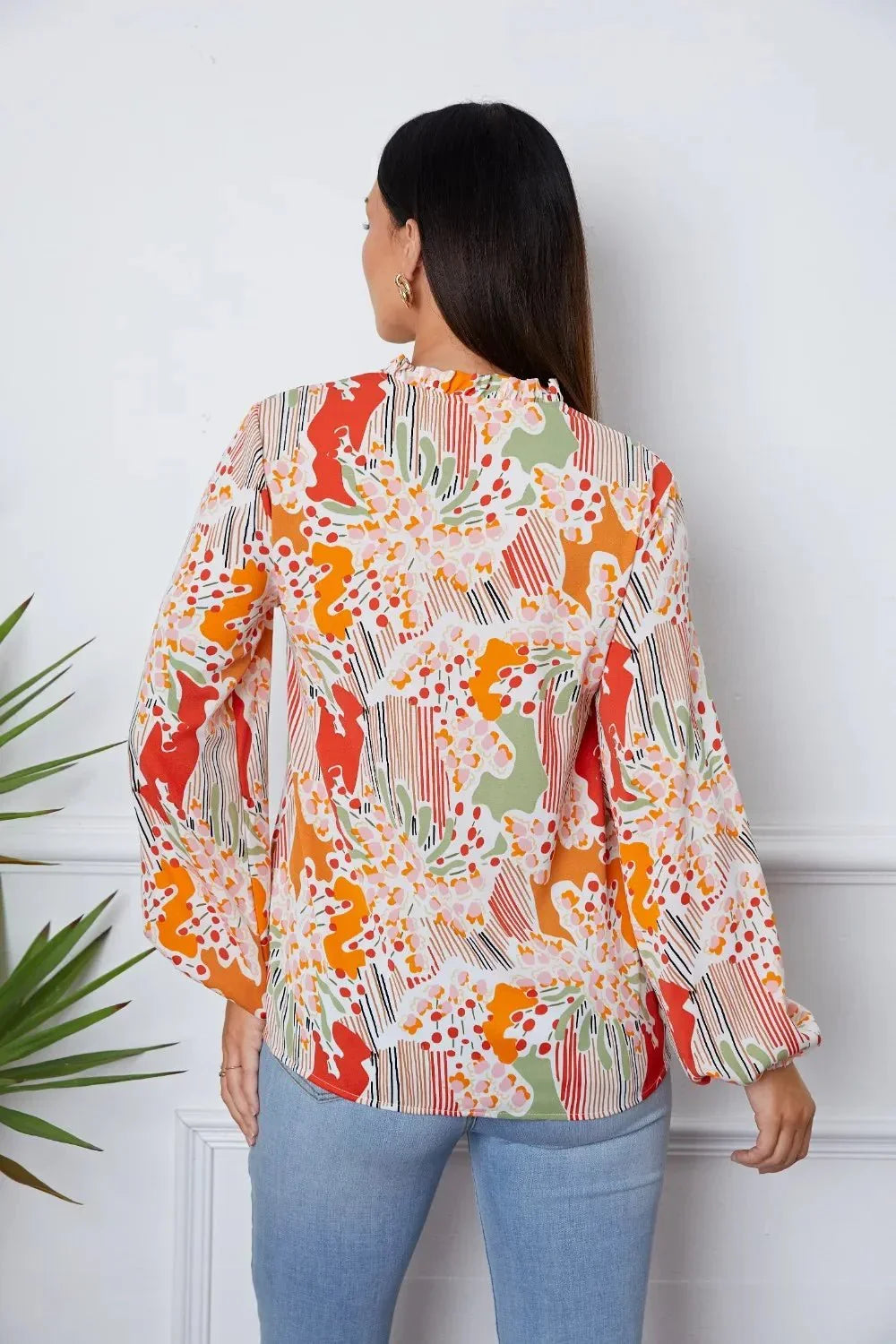 Floral Frill Notched Long Sleeve Blouse - VILLA FASHION
