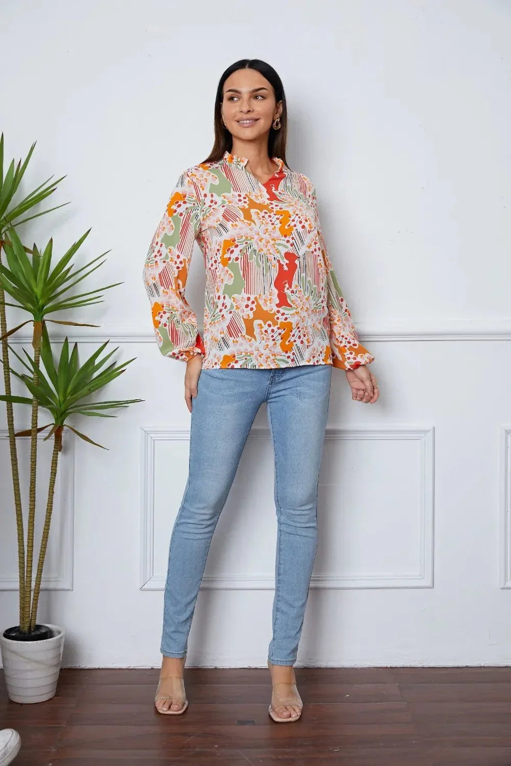 Floral Frill Notched Long Sleeve Blouse - VILLA FASHION