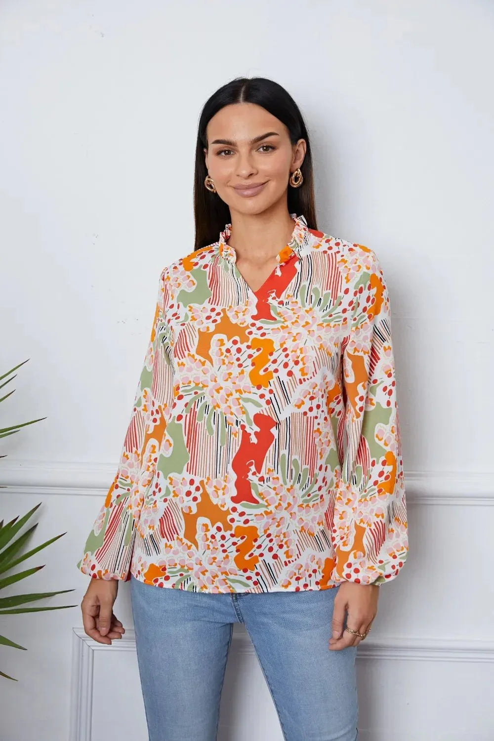 Floral Frill Notched Long Sleeve Blouse - VILLA FASHION