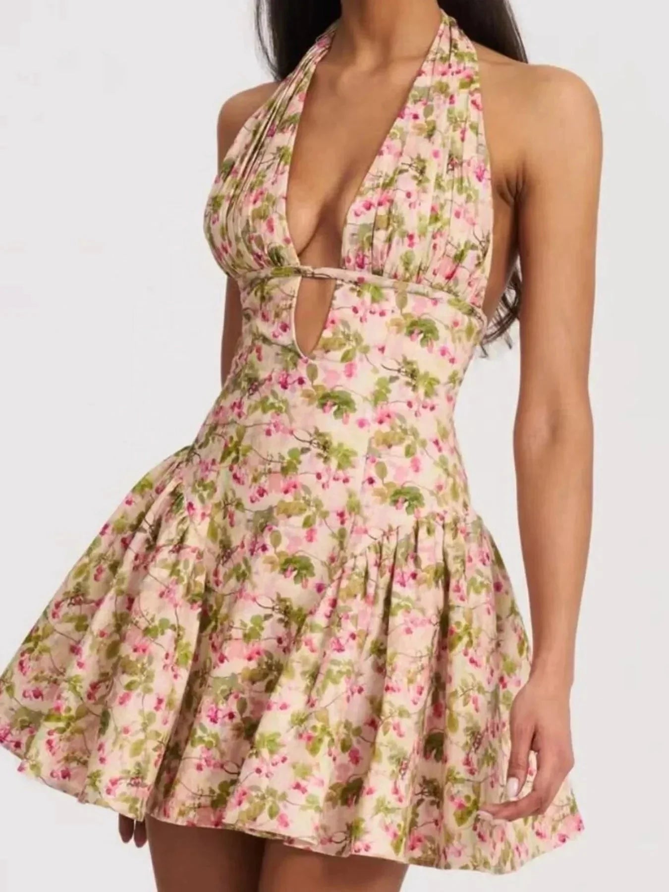 Floral Halter Neck Mini Dress - VILLA FASHION