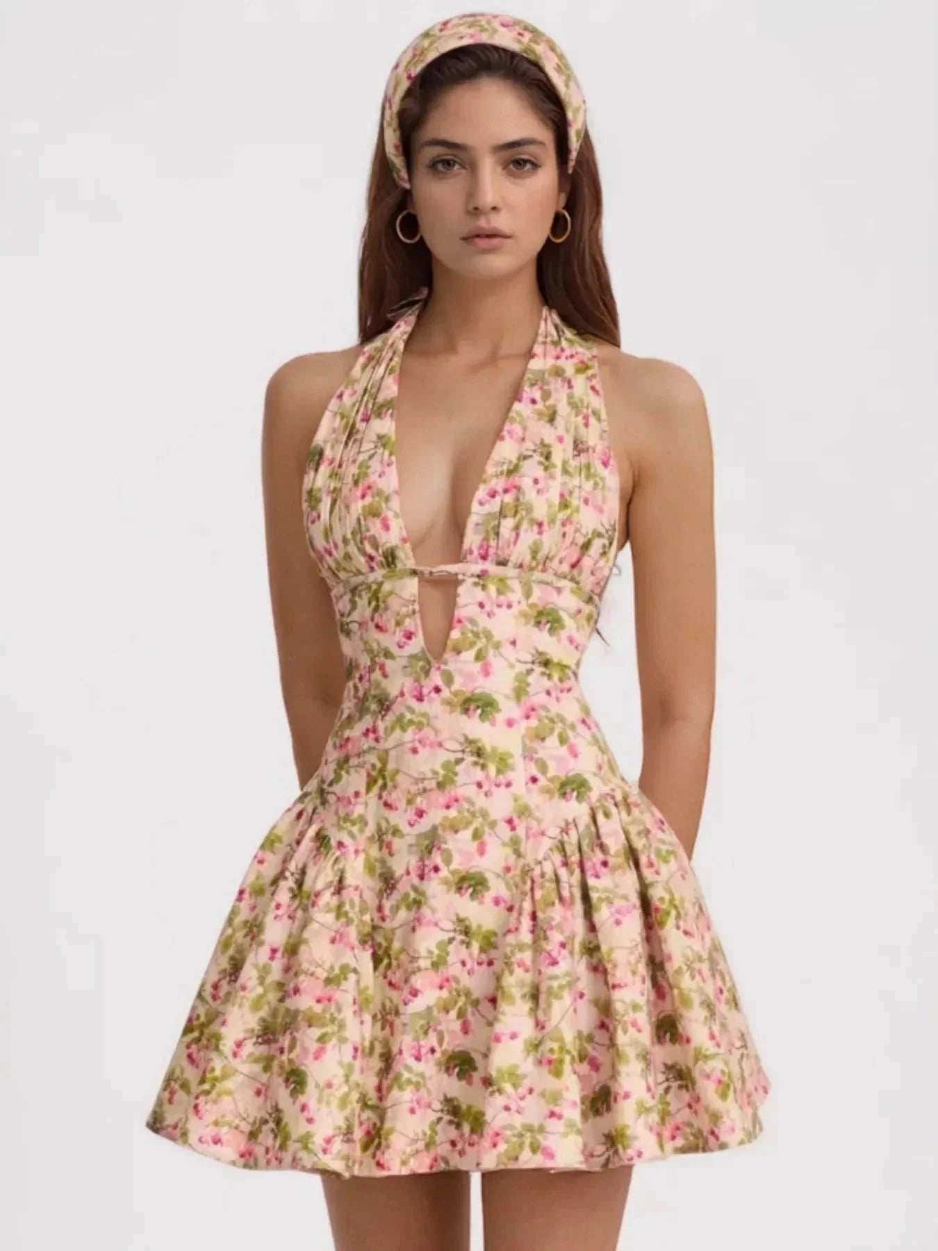 Floral Halter Neck Mini Dress - VILLA FASHION