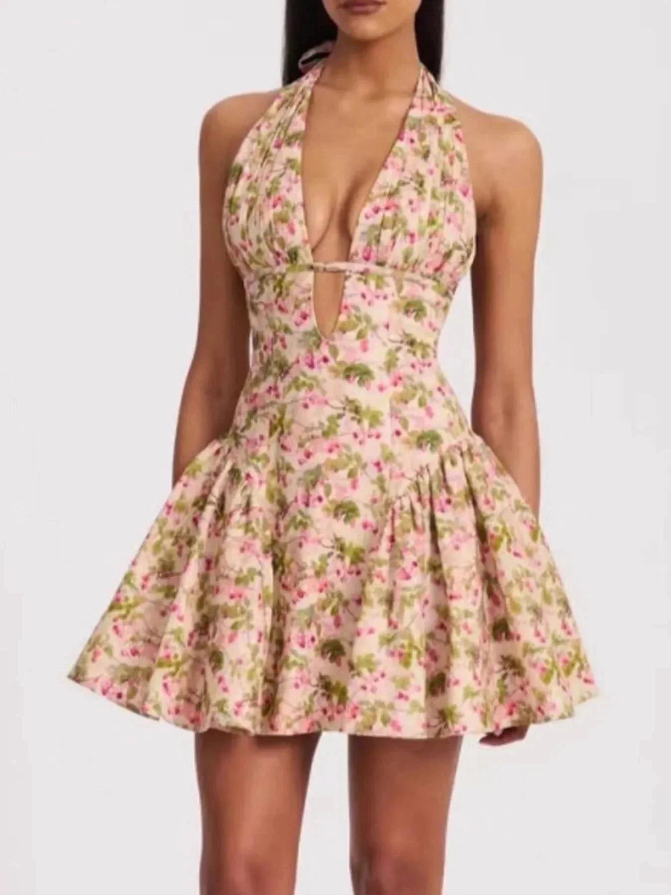 Floral Halter Neck Mini Dress - VILLA FASHION