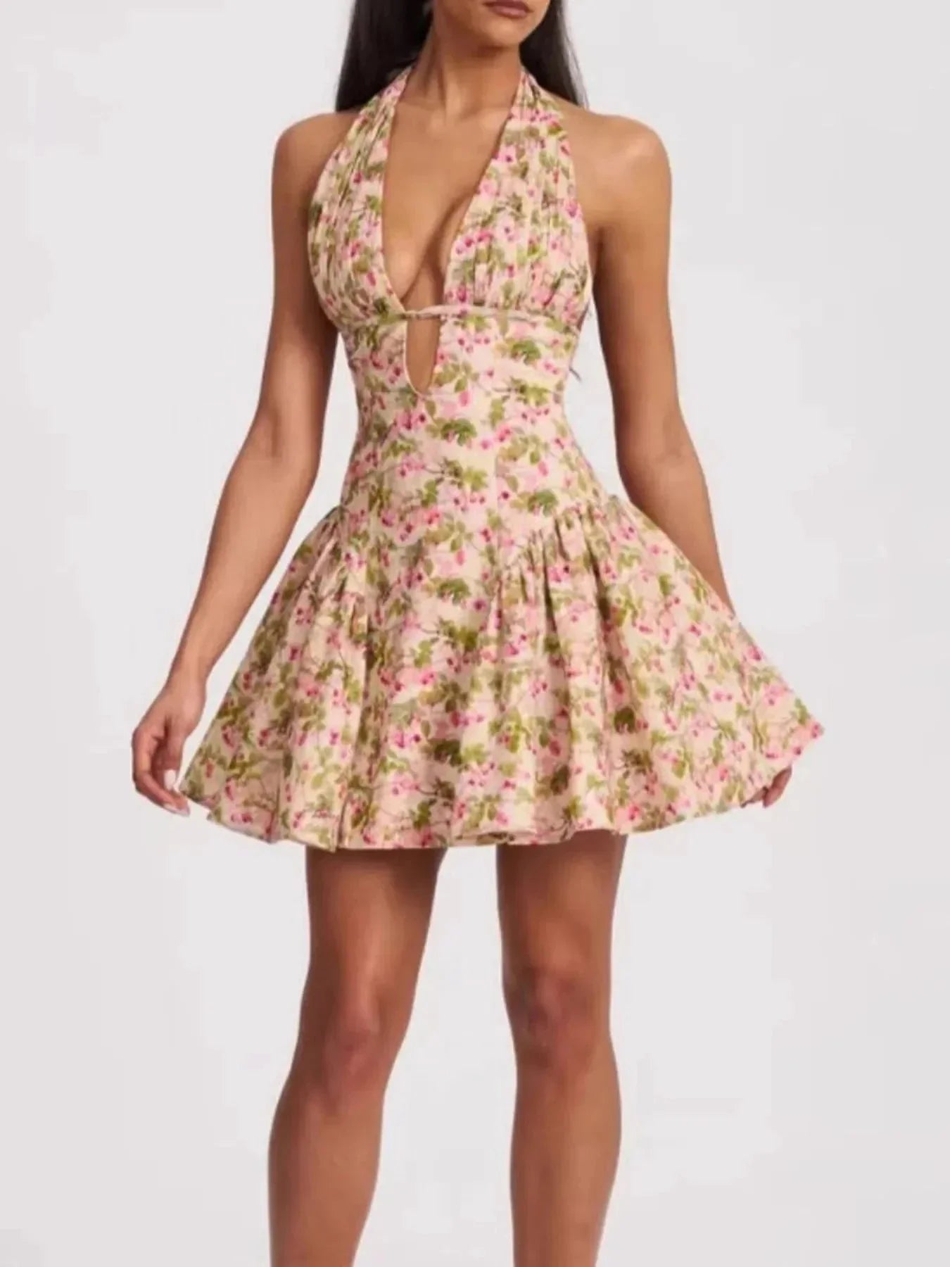 Floral Halter Neck Mini Dress - VILLA FASHION