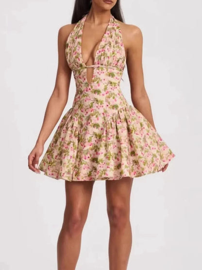 Floral Halter Neck Mini Dress - VILLA FASHION