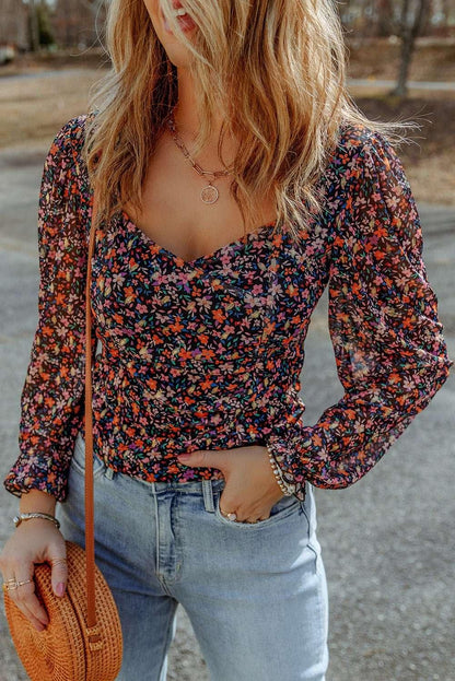 Floral Long Flounce Sleeve Blouse - VILLA FASHION