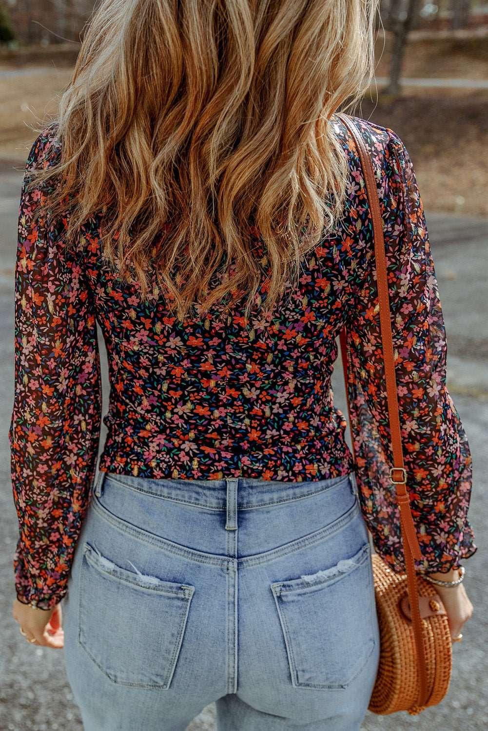 Floral Long Flounce Sleeve Blouse - VILLA FASHION