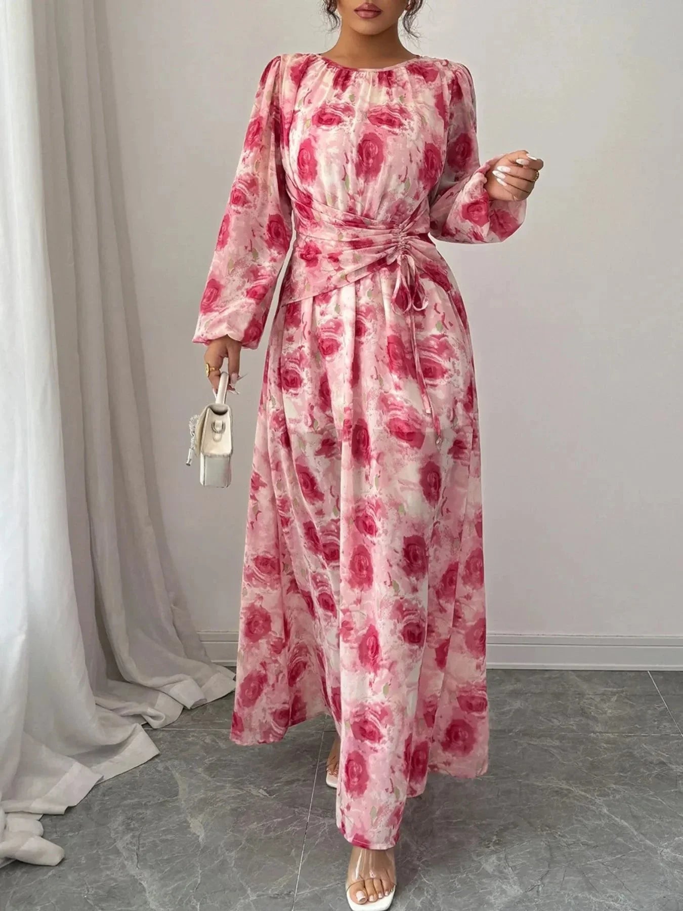 Floral Long Sleeve Maxi Dress with Drawstring Detail - VILLA FASHION