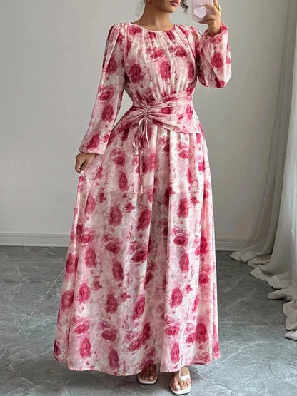 Floral Long Sleeve Maxi Dress with Drawstring Detail - VILLA FASHION