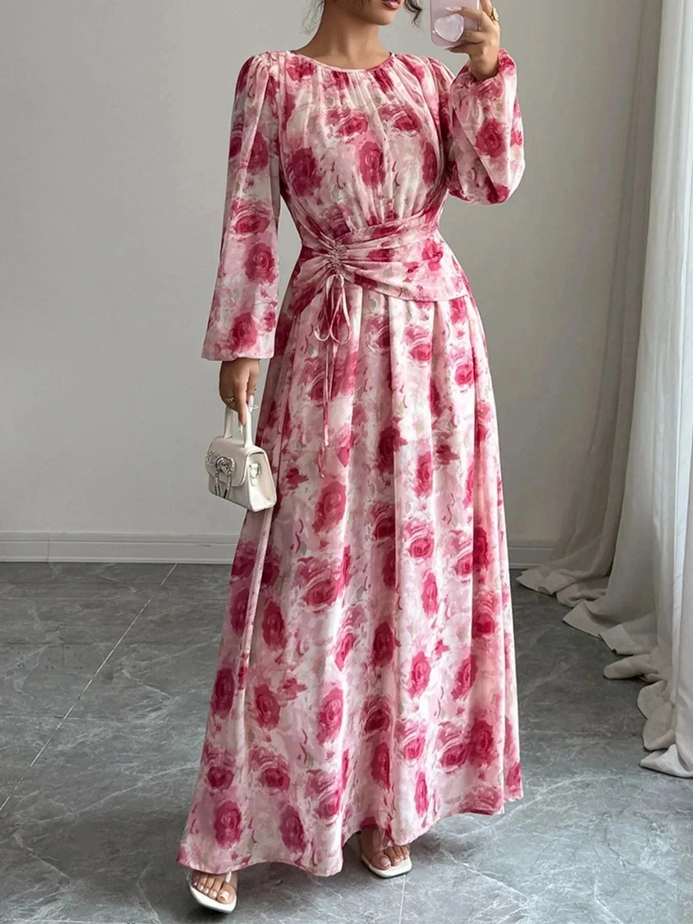 Floral Long Sleeve Maxi Dress with Drawstring Detail - VILLA FASHION