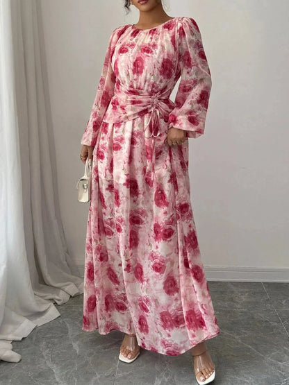 Floral Long Sleeve Maxi Dress with Drawstring Detail - VILLA FASHION