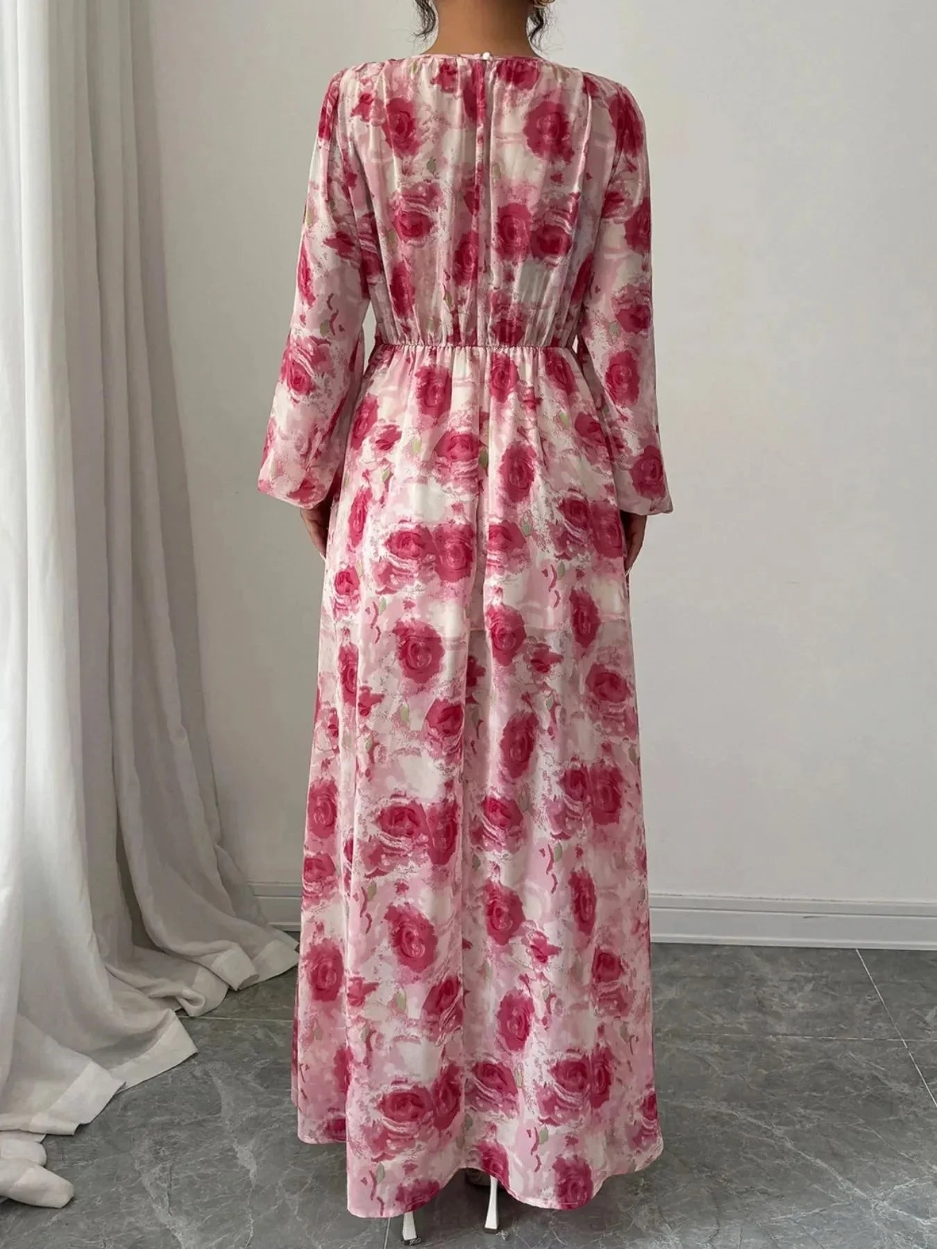 Floral Long Sleeve Maxi Dress with Drawstring Detail - VILLA FASHION