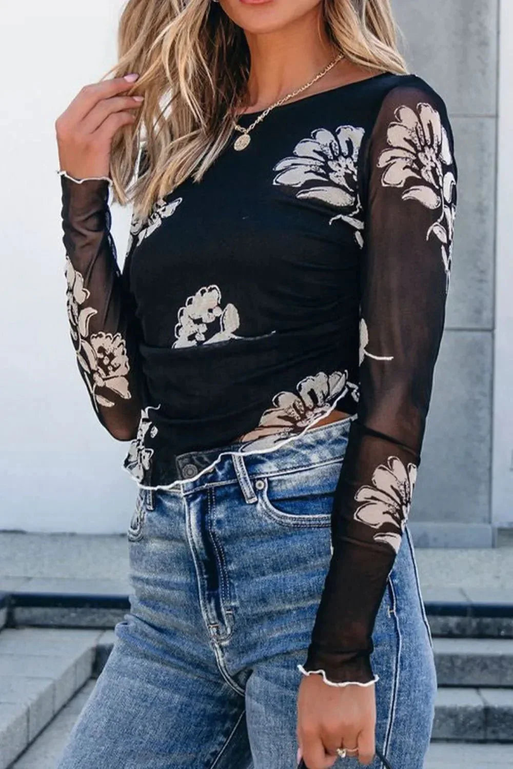 Floral Mesh Lettuce Edge Ruched Slim Long Sleeve Top - VILLA FASHION