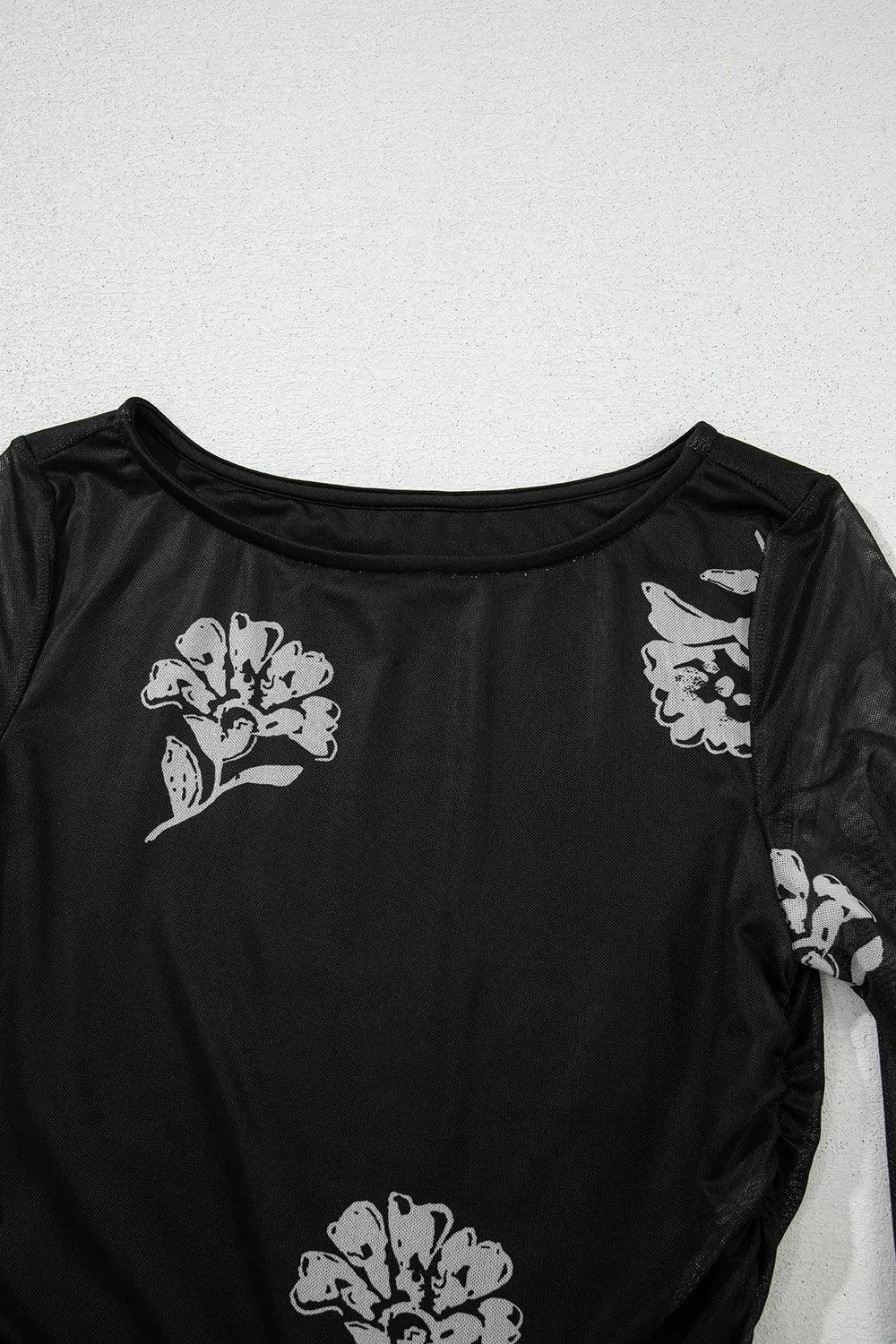 Floral Mesh Lettuce Edge Ruched Slim Long Sleeve Top - VILLA FASHION