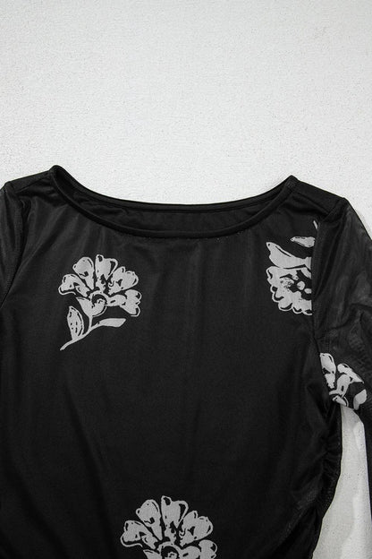 Floral Mesh Lettuce Edge Ruched Slim Long Sleeve Top - VILLA FASHION
