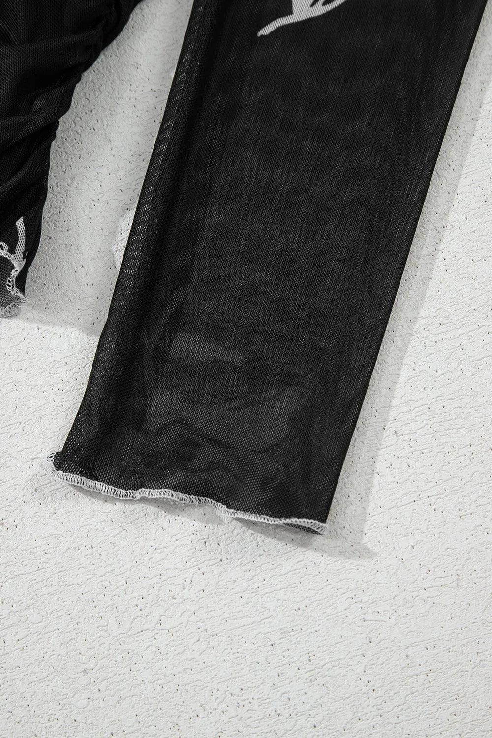 Floral Mesh Lettuce Edge Ruched Slim Long Sleeve Top - VILLA FASHION