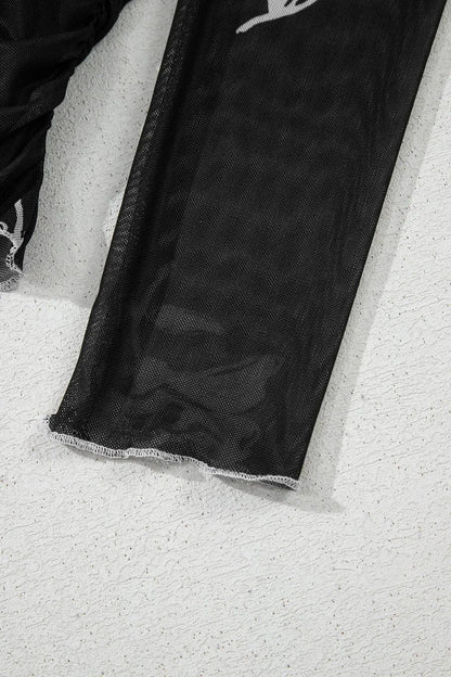 Floral Mesh Lettuce Edge Ruched Slim Long Sleeve Top - VILLA FASHION