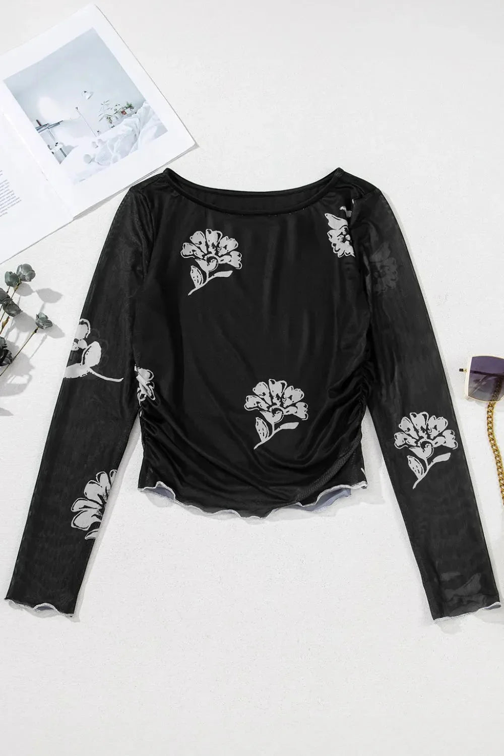 Floral Mesh Lettuce Edge Ruched Slim Long Sleeve Top - VILLA FASHION