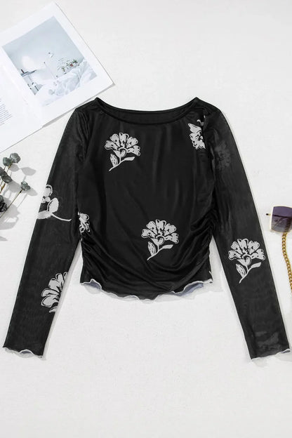 Floral Mesh Lettuce Edge Ruched Slim Long Sleeve Top - VILLA FASHION