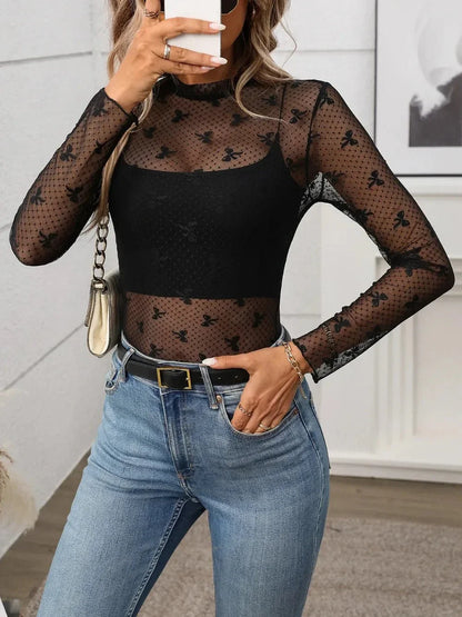 Floral Mock Neck Long Sleeve Mesh Top - VILLA FASHION