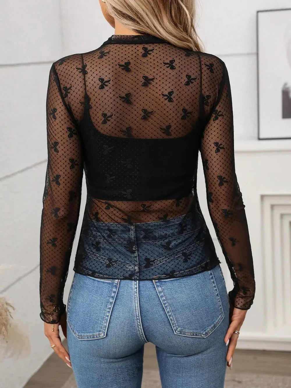 Floral Mock Neck Long Sleeve Mesh Top - VILLA FASHION