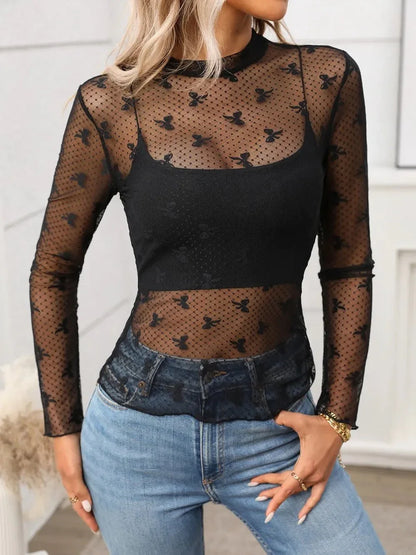 Floral Mock Neck Long Sleeve Mesh Top - VILLA FASHION