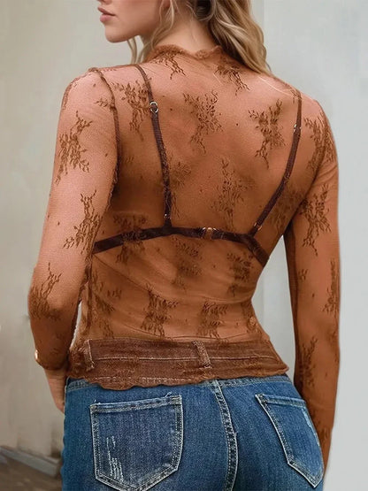 Floral Mock Neck Long Sleeve Mesh Top - VILLA FASHION