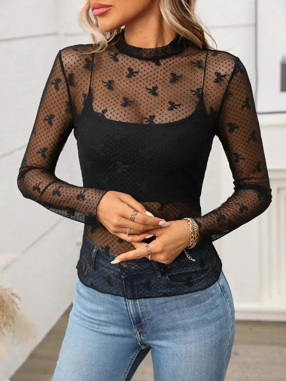Floral Mock Neck Long Sleeve Mesh Top - VILLA FASHION