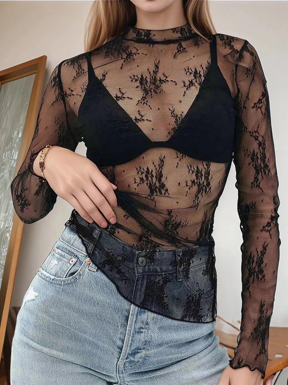 Floral Mock Neck Long Sleeve Mesh Top - VILLA FASHION