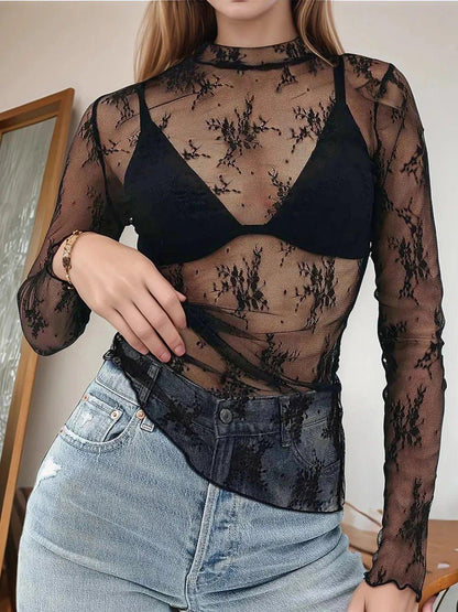 Floral Mock Neck Long Sleeve Mesh Top - VILLA FASHION