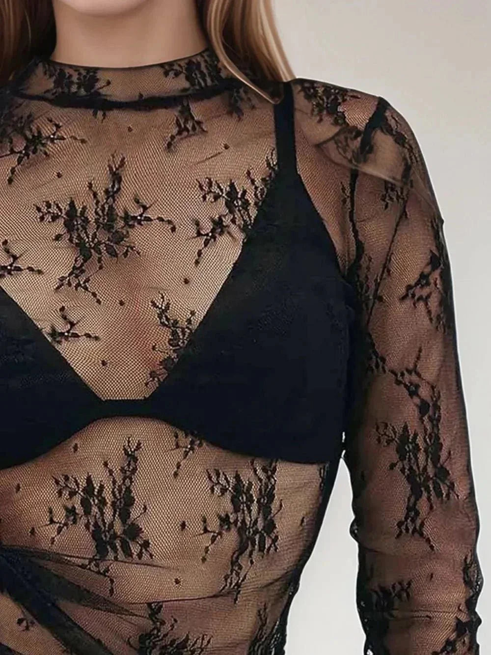 Floral Mock Neck Long Sleeve Mesh Top - VILLA FASHION