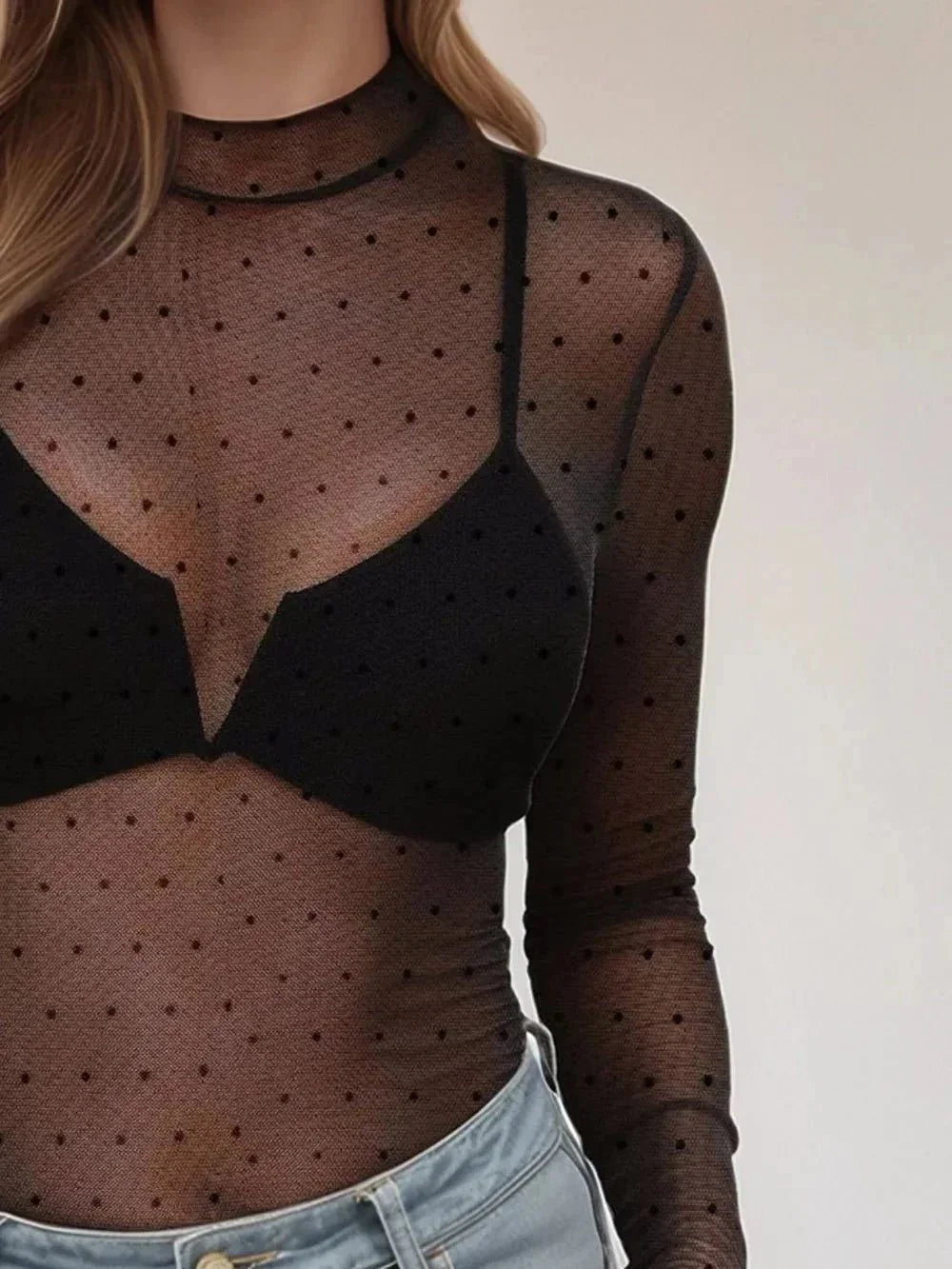 Floral Mock Neck Long Sleeve Mesh Top - VILLA FASHION